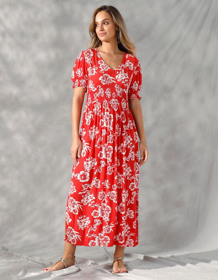 Robe longue découpe smockée imprimée bicolore (rouge / écru)