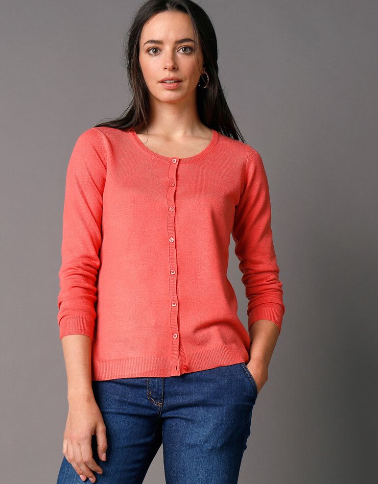 Cardigan boutonné col rond uni toucher cachemire (corail) Cardigan boutonné col rond uni toucher cachemire (corail)