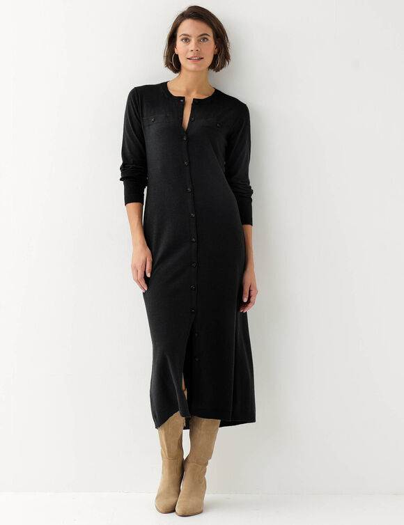 Robe pull longue boutonn&eacute;e, manches longues (noir)