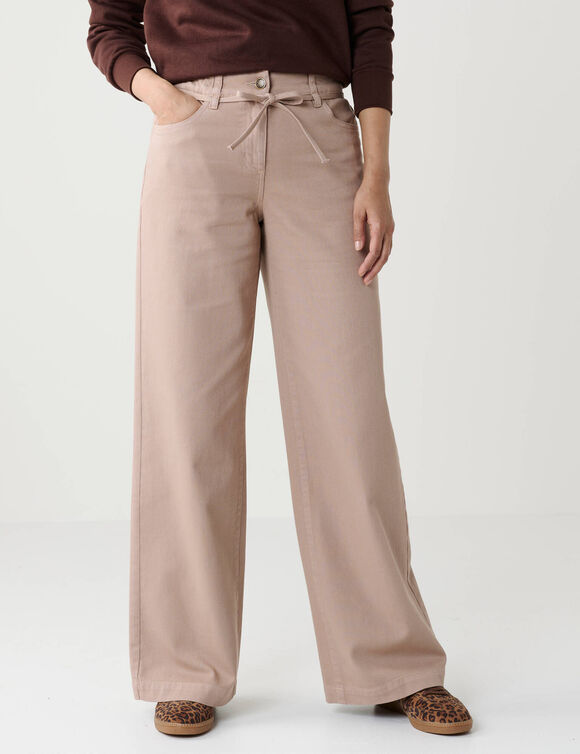 Pantalon large taille haute semi-&eacute;lastiqu&eacute;e &agrave; nouette, coton (beige fonc&eacute;)
