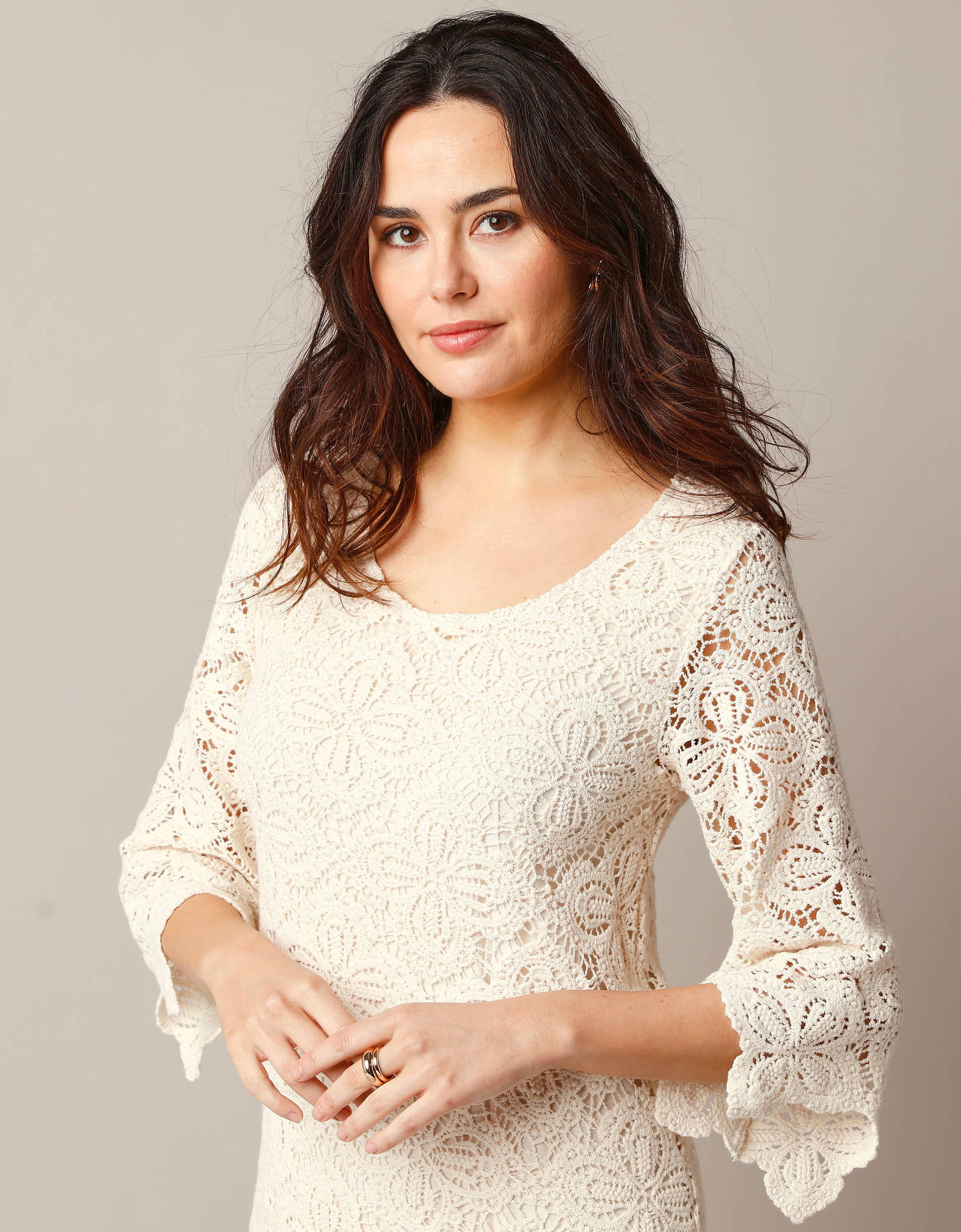 Robe courte macram?�, manches 3/4, ?�cru | Blancheporte