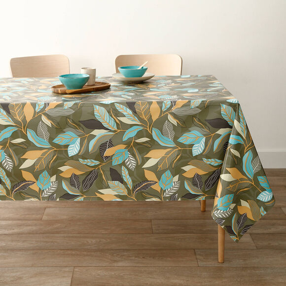Nappe toile cirée imprimé feuillage (marron / turquoise)