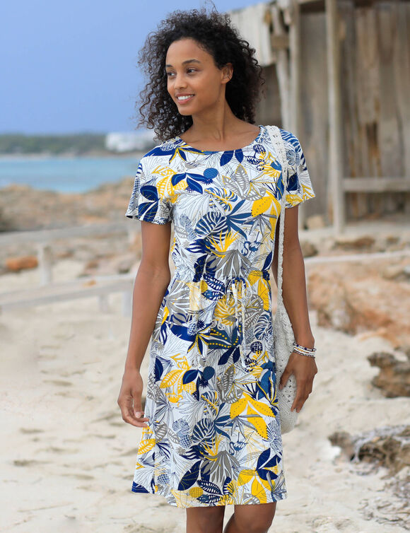 Robe courte imprimée manches courtes (bleu / jaune)