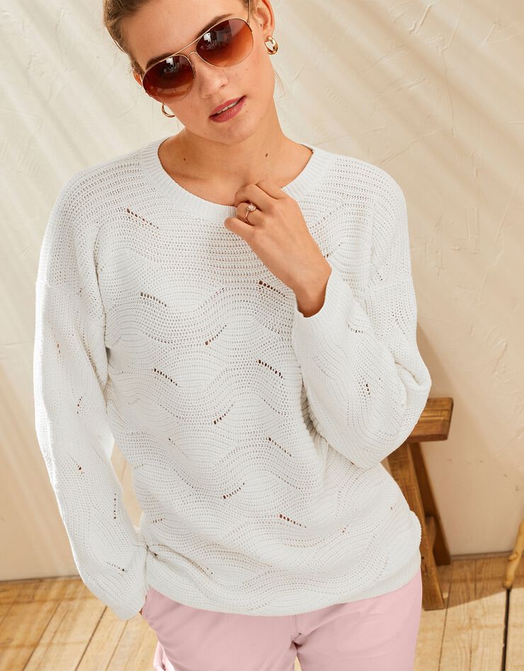 Pull manches longues, maille fantaisie (blanc) Pull manches longues, maille fantaisie (blanc)