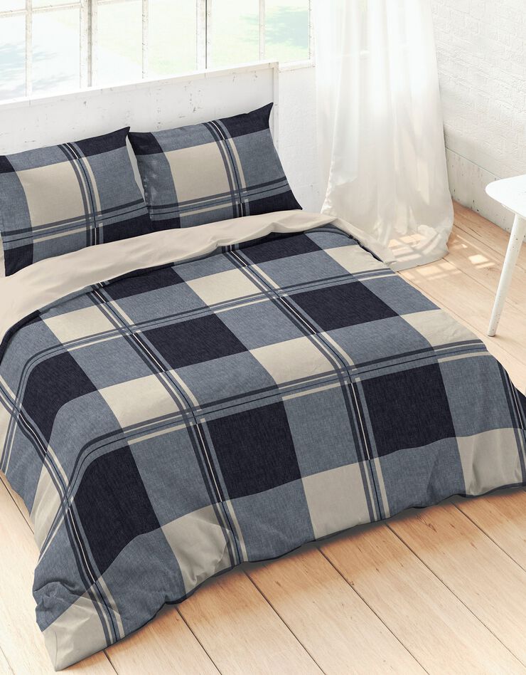 Linge de lit imprimé à carreaux - coton (beige / marine)