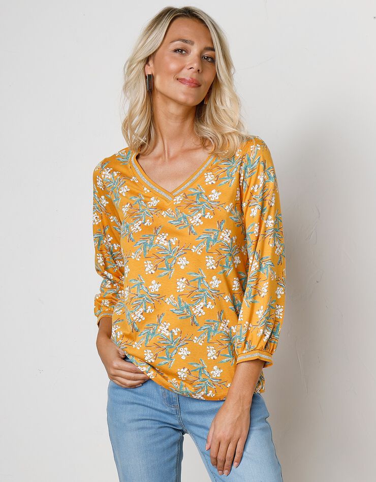 Tee-shirt manches 3/4 imprimé tropical (safran / kaki) Tee-shirt manches 3/4 imprimé tropical (safran / kaki)