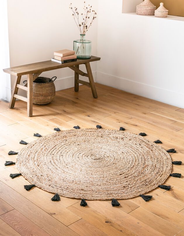 Tapis rond en jute avec pompons de couleur (noir)