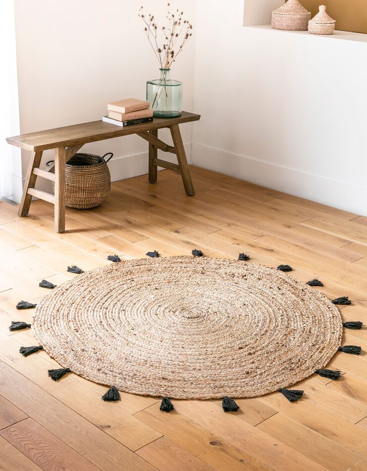 Tapis rond en jute avec pompons de couleur (noir)