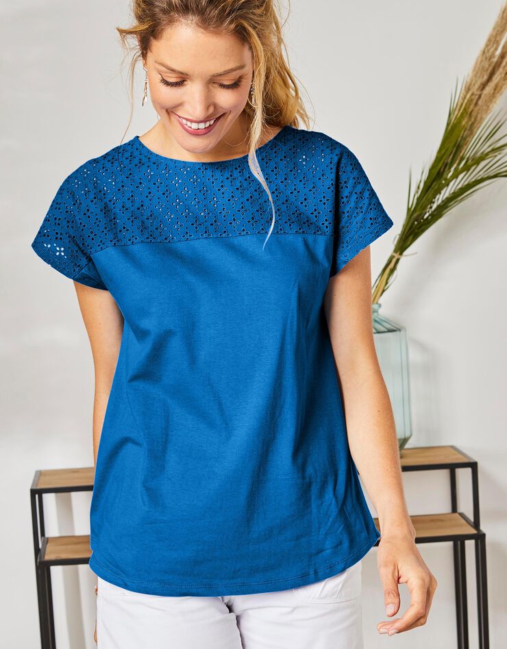 Tee-shirt broderie anglaise manches courtes (bleu) Tee-shirt broderie anglaise manches courtes (bleu)