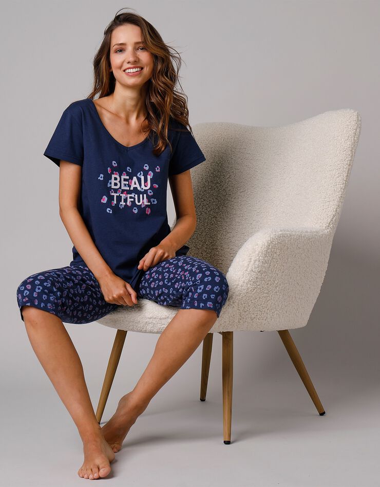 Tee-shirt manches courtes coton uni imprimé placé "Beautiful" (marine) Tee-shirt manches courtes coton uni imprimé placé "Beautiful" (marine)