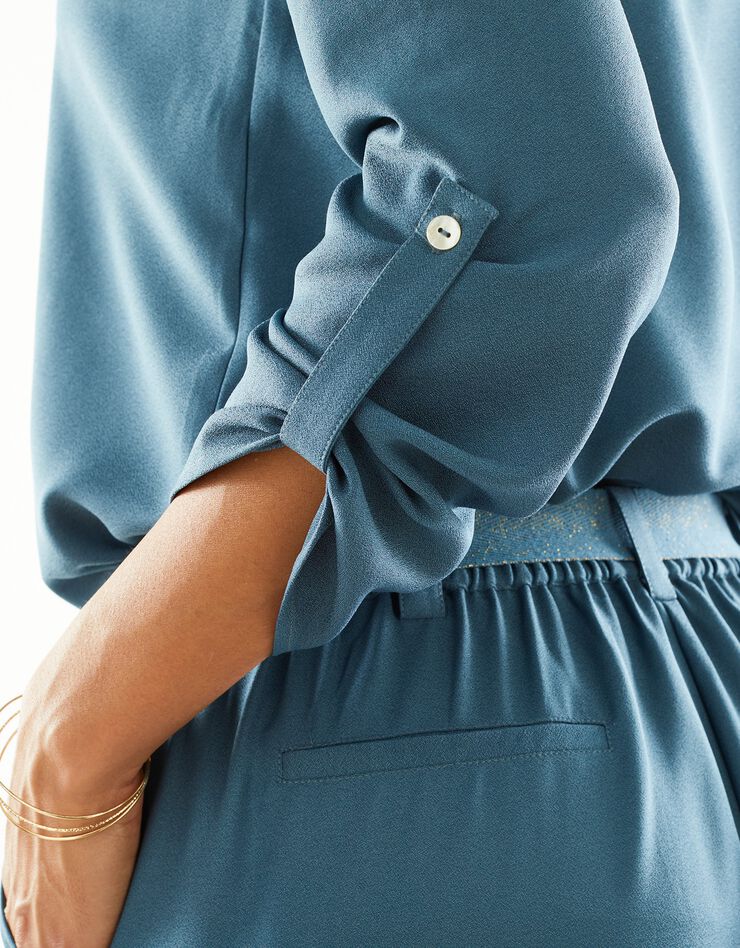 Pantalon uni crêpe fluide ceinture dorée (turquoise grisé) Pantalon uni crêpe fluide ceinture dorée (turquoise grisé)