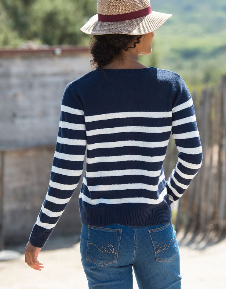 Cardigan rayé boutonné (marine / écru) Cardigan rayé boutonné (marine / écru)