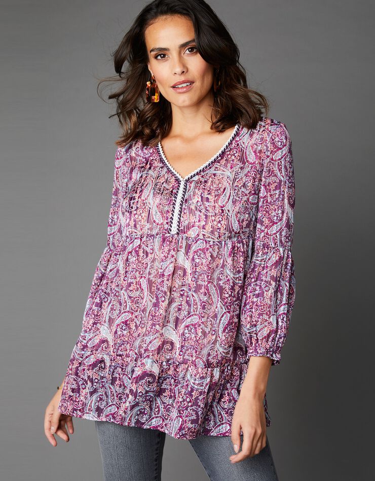 Blouse en voile de satin imprimé, rayures argentées, manches 3/4 (bordeaux) Blouse en voile de satin imprimé, rayures argentées, manches 3/4 (bordeaux)