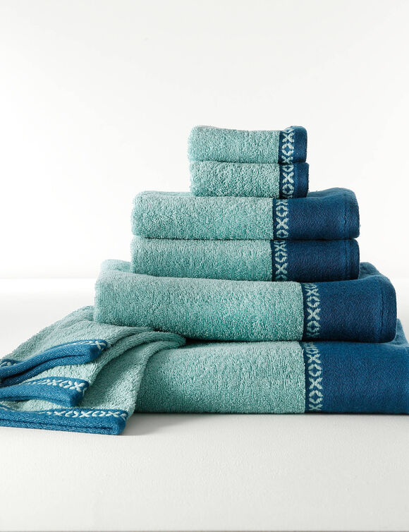 Collection serviettes de bain 420 gr/m&sup2; liteau tiss&eacute; fantaisie (vert d'eau)