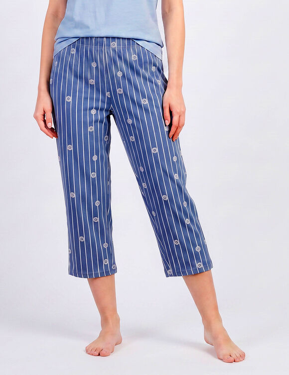 Pantacourt pyjama ray&eacute; &laquo;charme botanique&raquo; (bleu / &eacute;cru)
