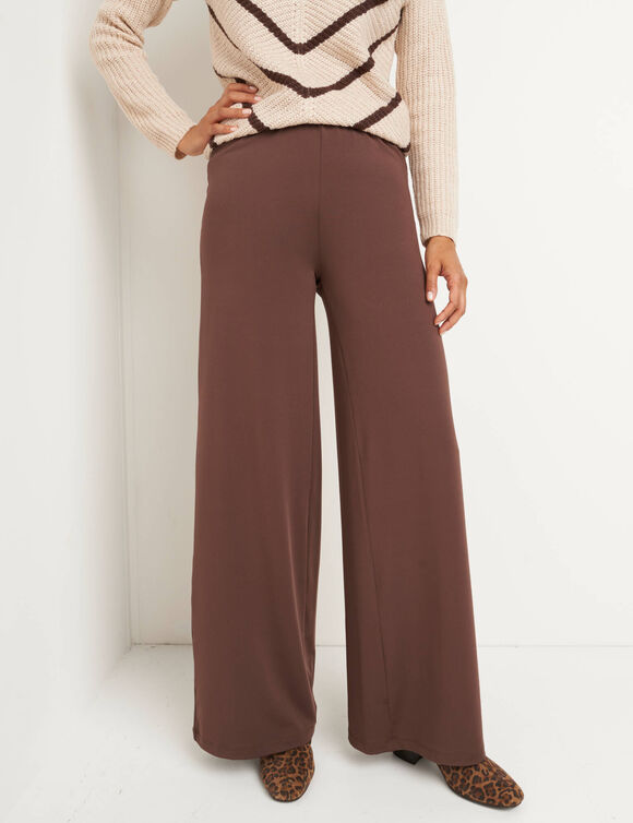 Pantalon large en maille, taille élastiquée (chocolat)