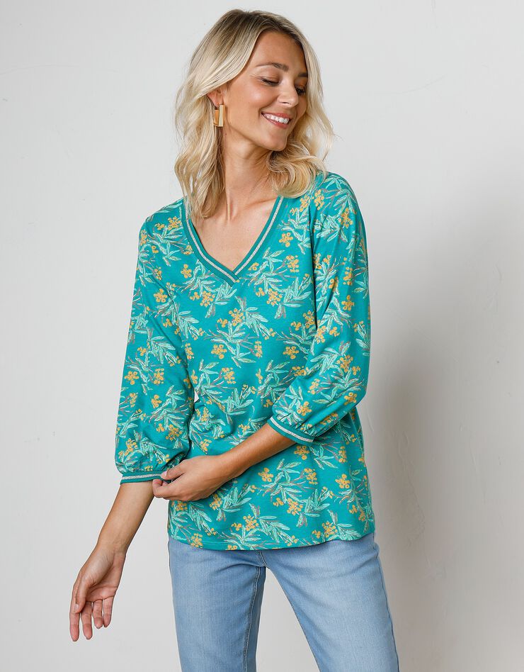 Tee-shirt manches 3/4 imprimé tropical (vert / safran) Tee-shirt manches 3/4 imprimé tropical (vert / safran)