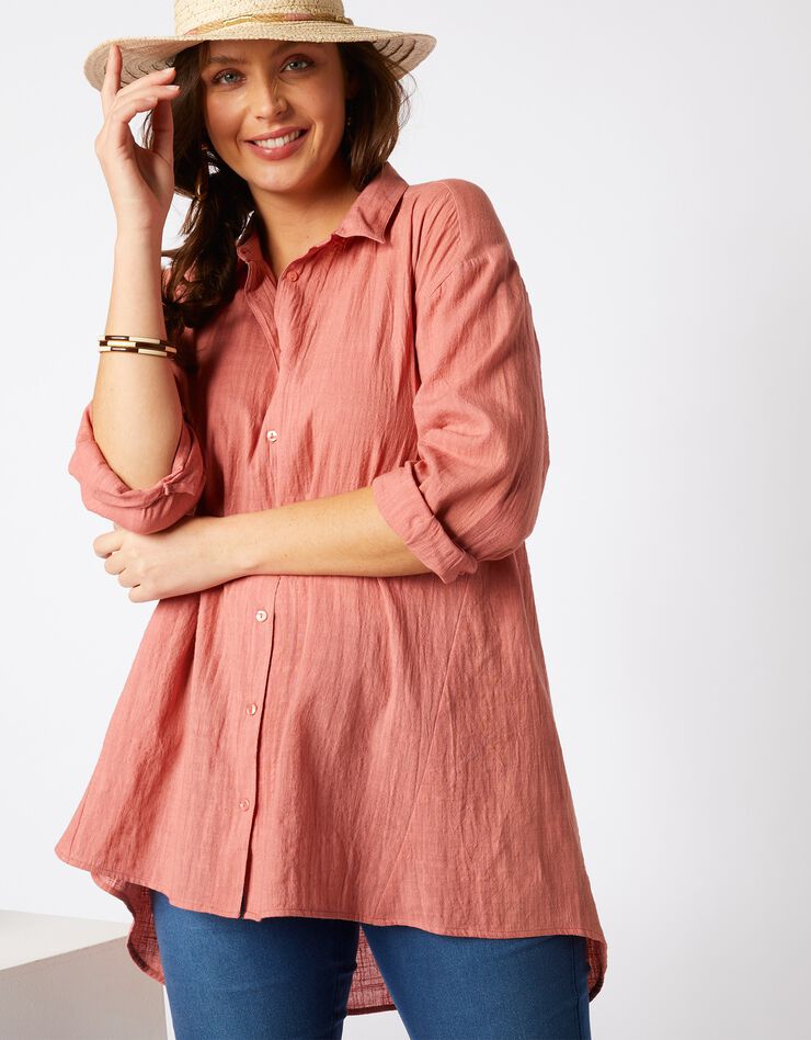 Chemise longue coupe trapèze effet lin (corail) Chemise longue coupe trapèze effet lin (corail)