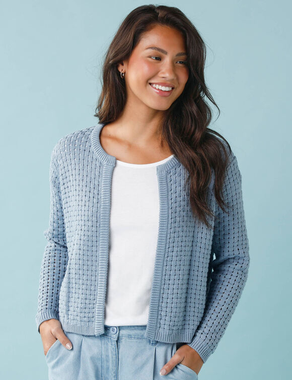 Gilet paletot maille fantaisie,  Sp&eacute;cial Petites (bleu denim)