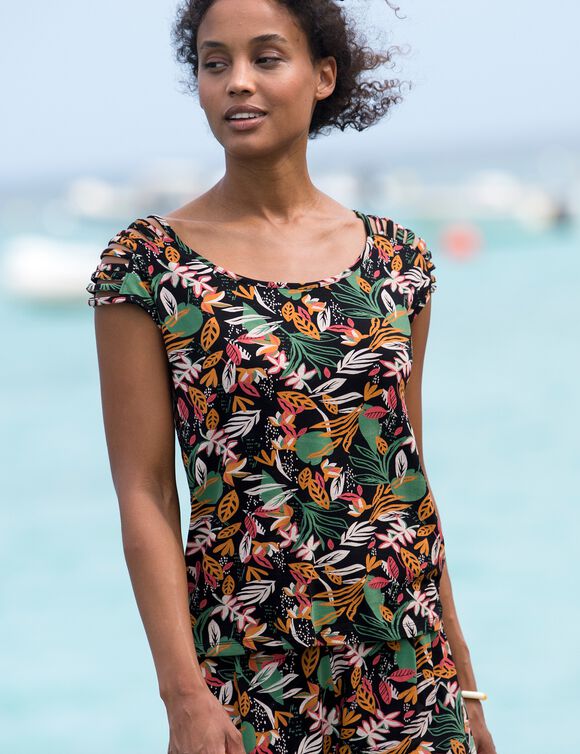 T-shirt laçage épaules imprimé tropical, maille (noir / miel)