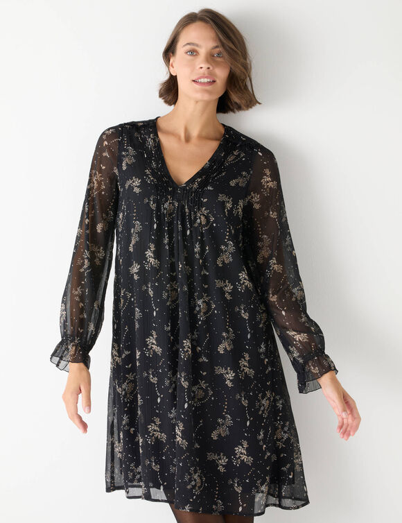 Robe bicolore à plis, imprimé feuilles (noir / beige)