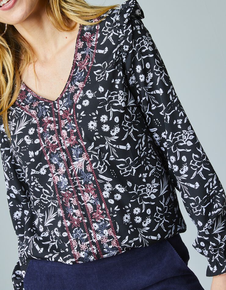 Blouse fleurie volantée à broderies contrastantes (noir / blanc) Blouse fleurie volantée à broderies contrastantes (noir / blanc)