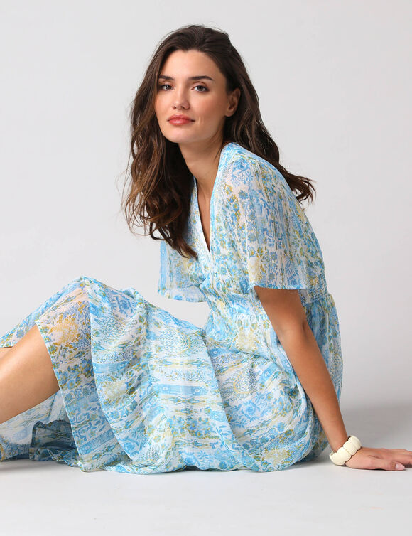 Robe longue imprim&eacute;e en voile "chiffon" (bleu / jaune)