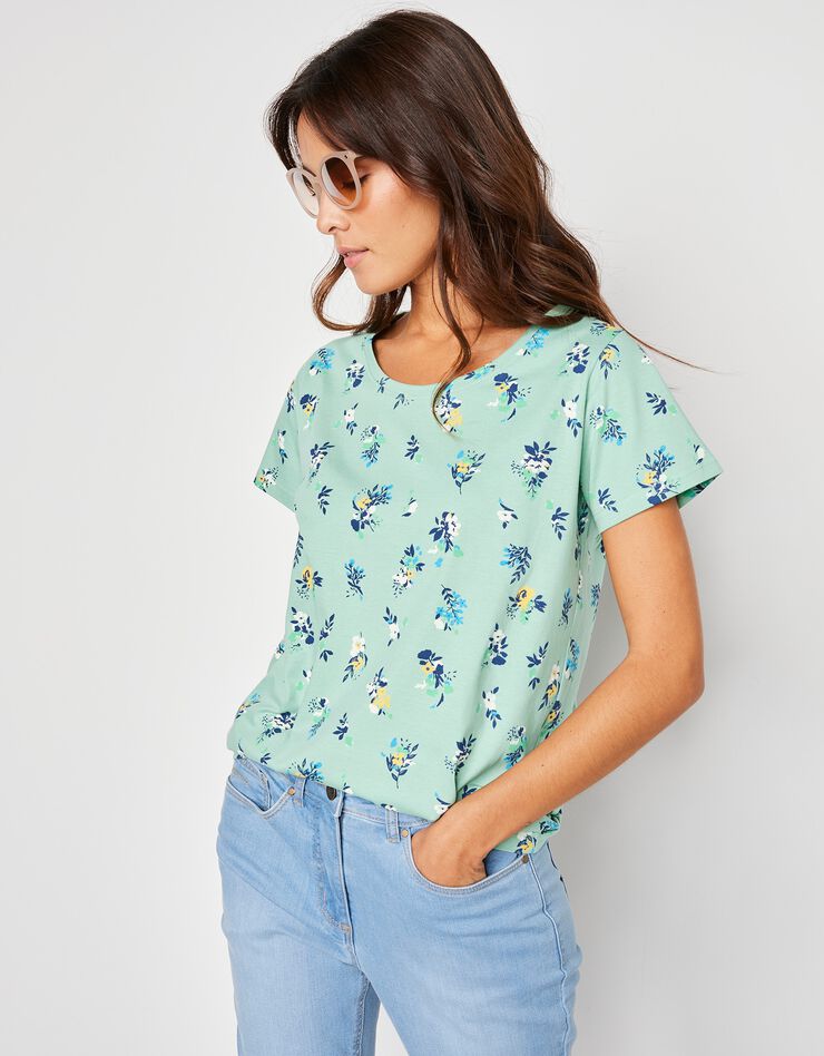 Tee-shirt col rond imprimé fleuri coton (vert d'eau)