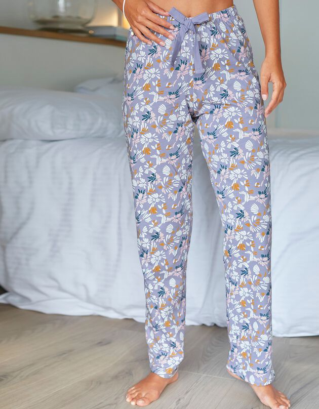 Pantalon pyjama coton imprimé "pétales" (parme / écru)