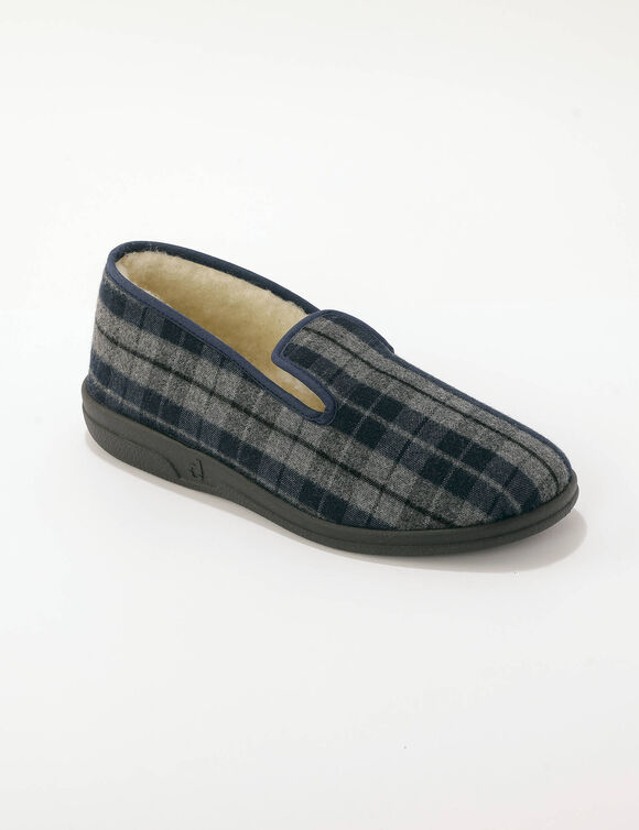 Chaussons homme &agrave; carreaux fourr&eacute;es laine (gris / bleu)