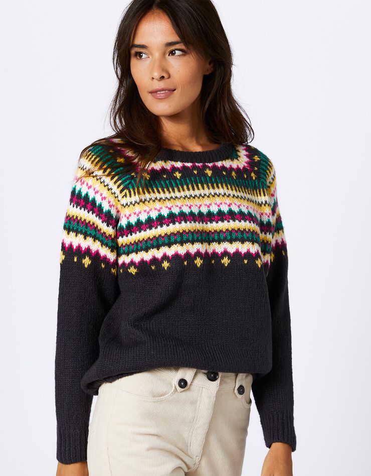 Pull col rond motif jacquard, toucher mohair (anthracite / miel) Pull col rond motif jacquard, toucher mohair (anthracite / miel)