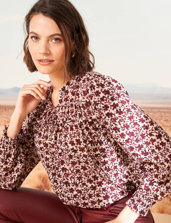 Blouse imprimée, détails nouettes (beige / bordeaux)