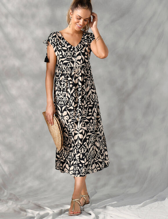 Robe longue manches courtes, imprimé ethnique bicolore (noir / beige)