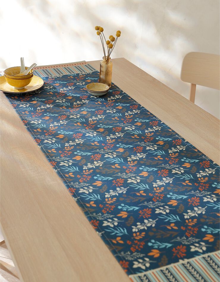 Chemin de table fabriqué en France, motif fleuri Indian fond bleu - coton biologique(1) (bleu grisé)