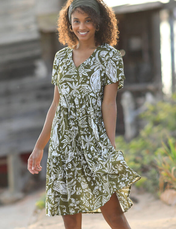 Robe col V courte imprimée, crépon (kaki / blanc)