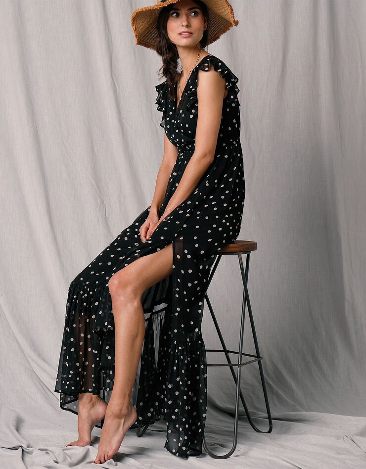 Robe longue cache-coeur sans manches voile imprimé (noir / écru)