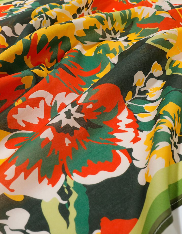 Foulard fabriqué en France imprimé fleurs, 100 x 100 cm  - coton (vert / orange)