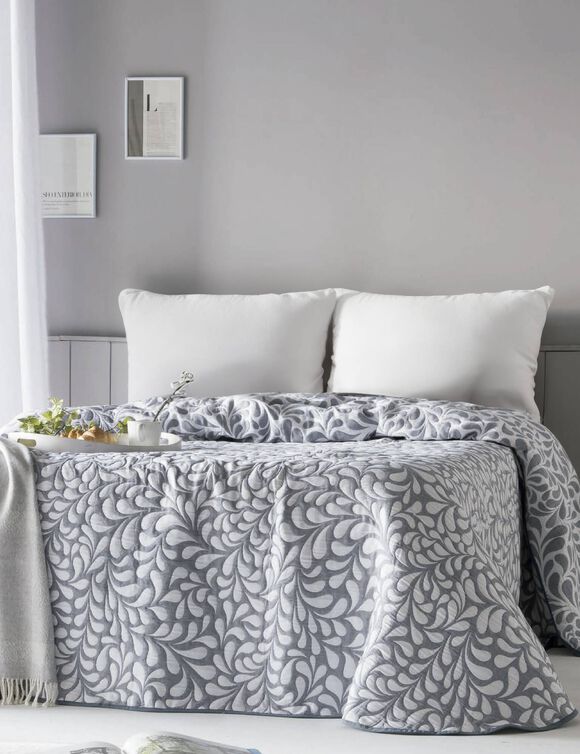Couvre-lit jacquard motif Feuilles (gris / blanc)
