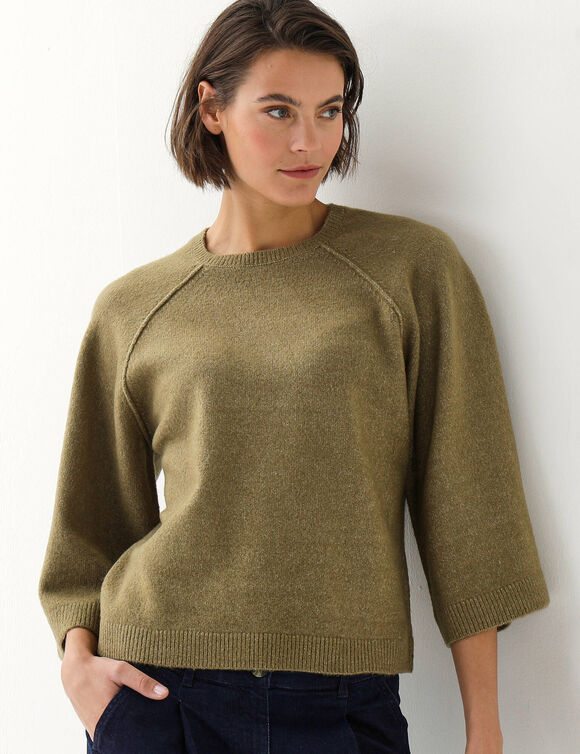 Pull court &eacute;vas&eacute; raglan, larges manches 3/4  (kaki clair)