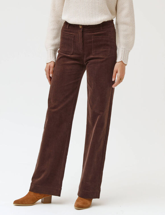 Pantalon velours coupe large taille haute, petite stature (chocolat)