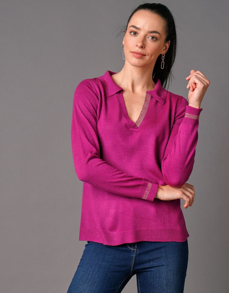 Pull col polo détails brillants, toucher cachemire (violine) Pull col polo détails brillants, toucher cachemire (violine)