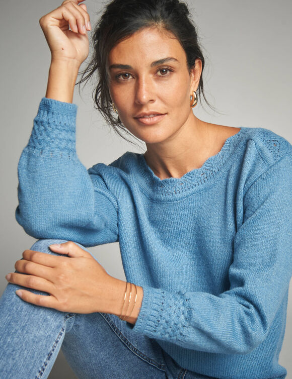 Pull col bateau, maille fantaisie  (bleu grisé)
