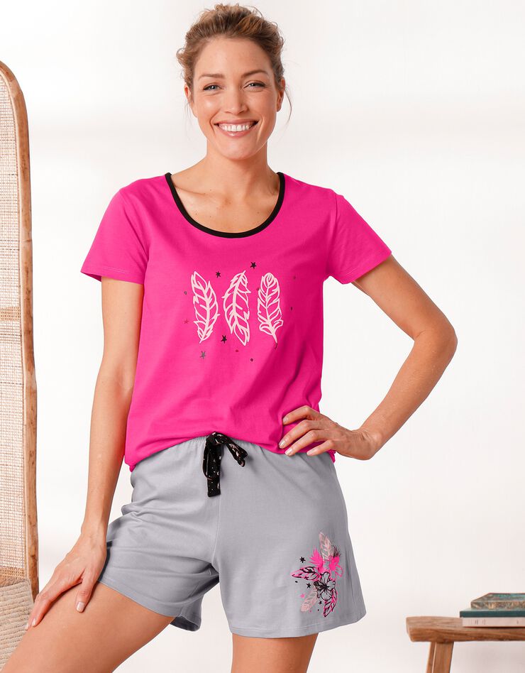 Tee-shirt pyjama manches courtes imprimé "plumes" (fuchsia)