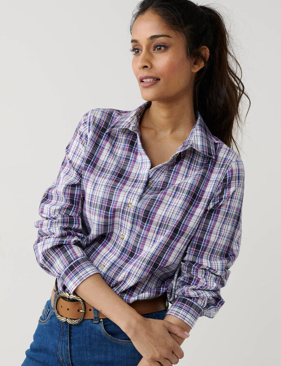 Chemise droite &agrave; carreaux tartan tiss&eacute;-teints (&eacute;cru / bleu)