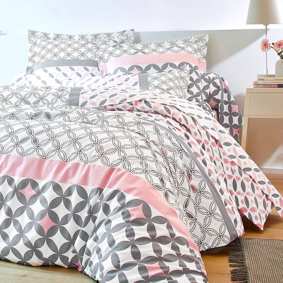 Linge de lit Marlow en coton motifs géométriques (gris / rose)