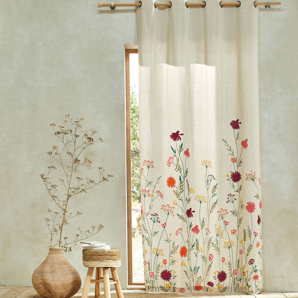 Rideau coton lin base fleurie (vert / orange)