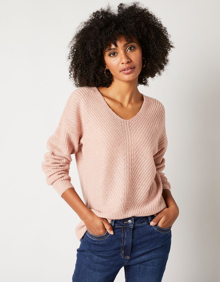 Pull col V, maille anglaise toucher mohair (rose poudré) Pull col V, maille anglaise toucher mohair (rose poudré)