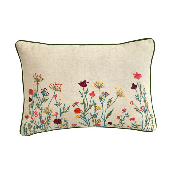 Coussin rectangulaire coton lin broderie fleurie (vert / orange)
