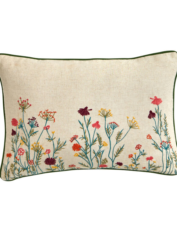 Coussin rectangulaire coton lin broderie fleurie (vert / orange)