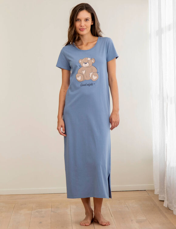 Chemise de nuit longue motif plac&eacute; ourson manches courtes  (bleu gris&eacute;)